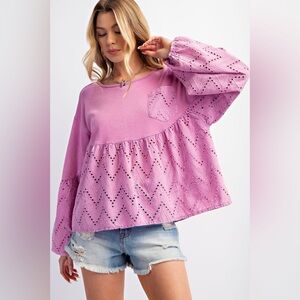 #69 New! Easel Cotton Periwinkle Eyelet Peplum Sweatshirt Top